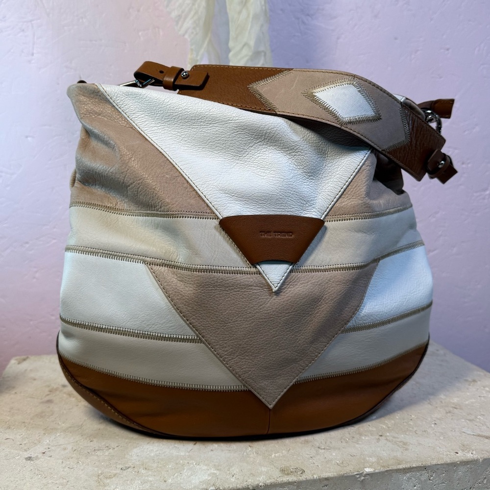 The Trend Genuine Leather Patchwork Shoulder Bag | Neutral Colorblock Boho Tote